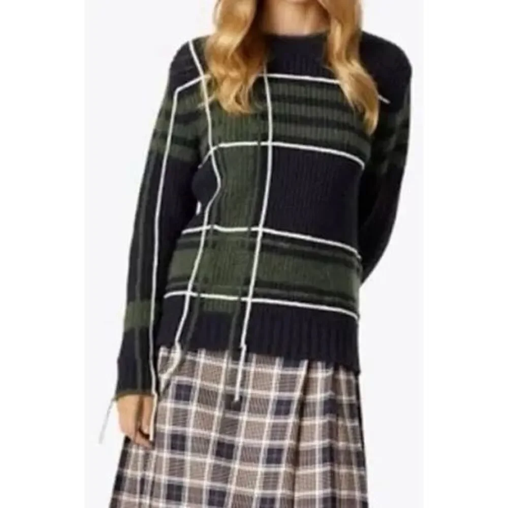 Tory Burch Eden Wool Blend Chunky Pullover Sweater Green‎ Navy XS